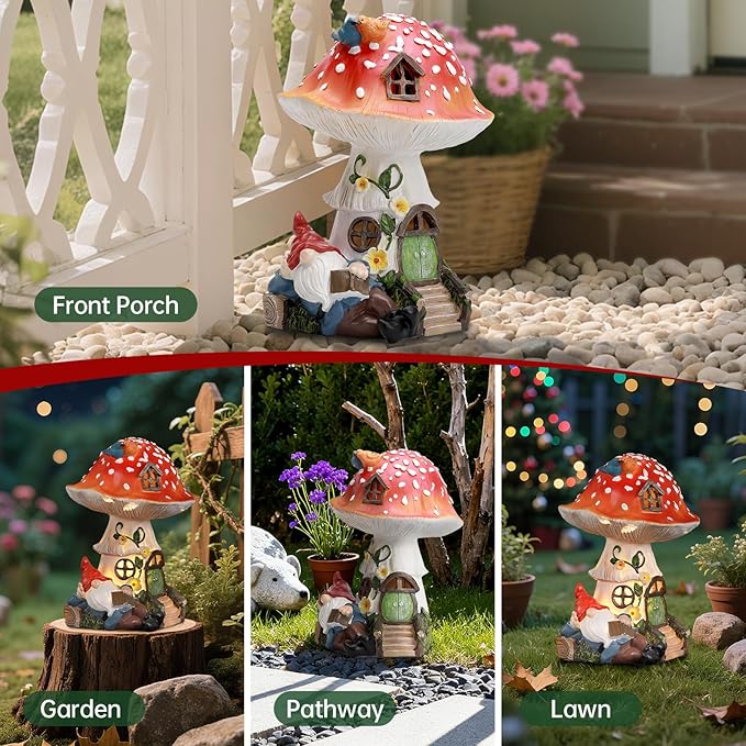 Solar Mushroom Gnome Reading Light, Weatherproof Resin Fairy Garden Figurine Decor Auto On/Off - Book Lover for Pathway & Patio
