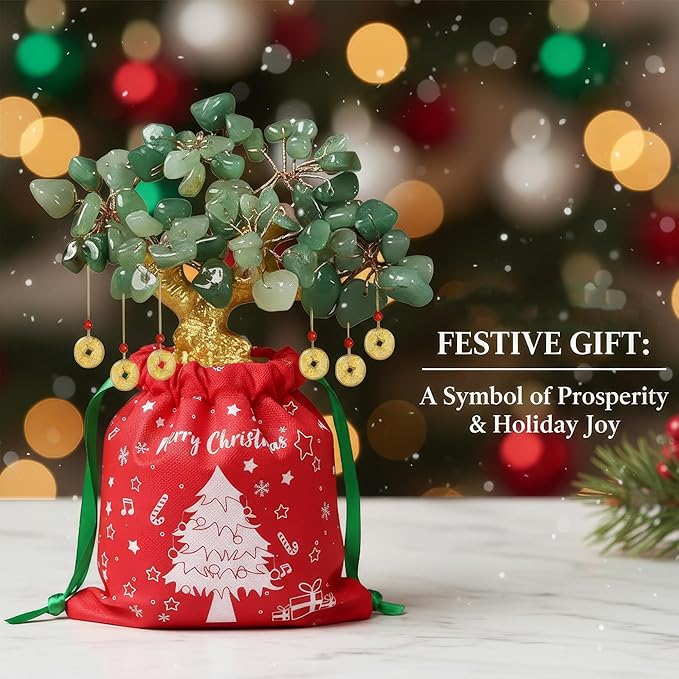 Money Tree – Feng Shui Love & Wealth Golden Bag Bonsai Lucky Gemstone Home Office Decor (14cm Height) (Green Gift)
