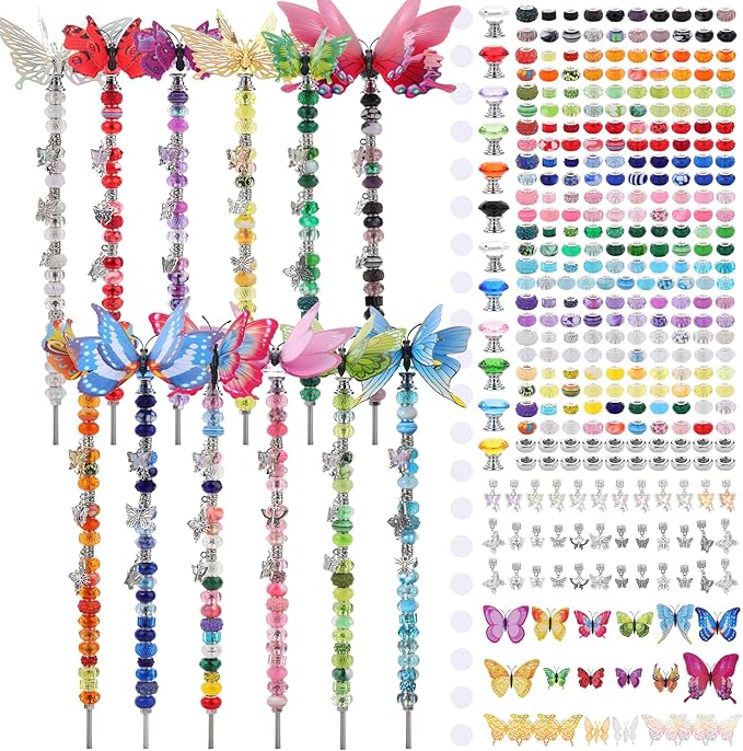 Beaded Garden Stake, DIY Fairy Wand Beaded Decorative Butterfly Garden Stake Kit with 12IN Threaded Rod Crystal Stopper Top Large Holes Beads Butterfly Decoration Pendants Outdoor Fairy Garden kit