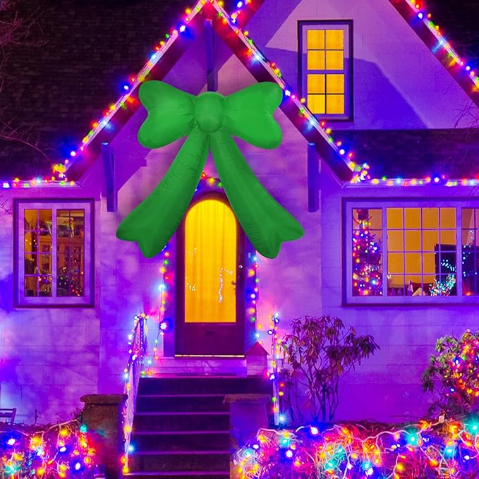 Christmas Inflatables Lighted Yard Lawn Inflatable Decoration with Built-in Fan and Stakes Ropes Holiday Party Decor, Christmas Decor (7FT-Green Bow)