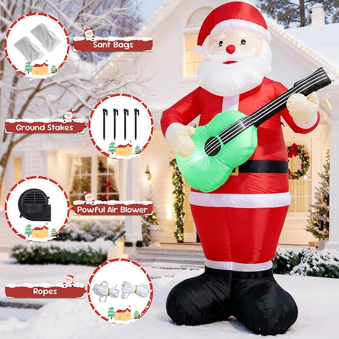 TRMESIA 8FT Inflatable Santa Claus Decoration,Indoor Outdoor Christmas Decor for Yard Lawn Garden Holiday Parties LED Lighted for Festive Atmosphere,with Guitar Xmas Blow up Decoration