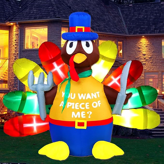 Thanksgiving Inflatable Turkey Decorations -5FT LED Light Up Pilgrim Hat & Colorful Tail -Holding Knife and Fork Turkey Blow up Yard Decor Outdoor Indoor Lawn Garden Home Autumn Holiday Harvest