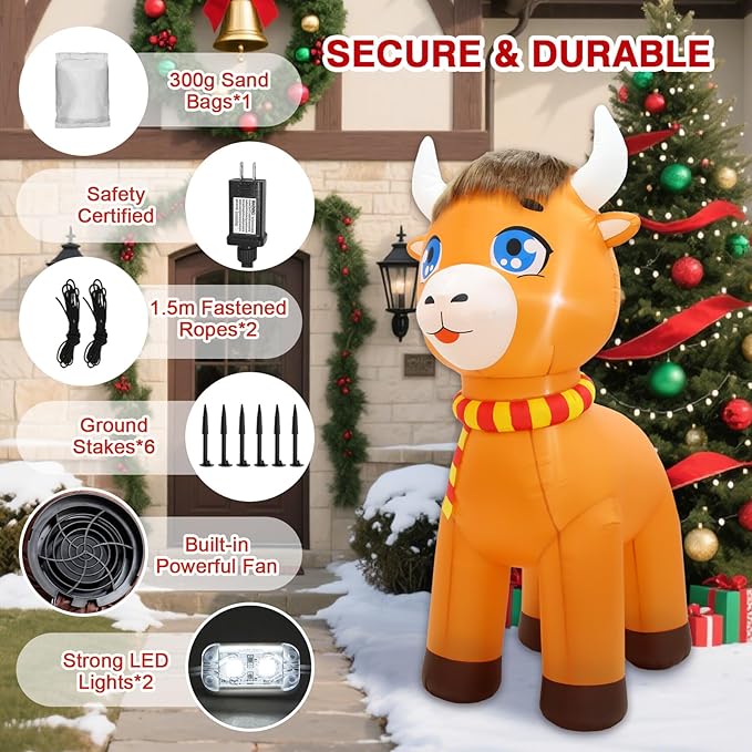 Christmas Inflatable Outdoor Decorations, 6FT Inflatables Highland Cow Spring Yard Decor, LED Lights Blow up Highlander Cattle Calf Holiday Decorations for Farm Ranch Indoor Outside Lawn Garden