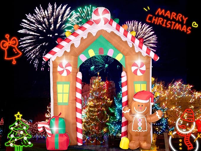 Hioasis 10 FT Christmas Inflatable Decorations - Archway with Gingerbread Man and Gift Box X-mas Outdoor Inflatables with LED Lights Built-in Perfect for Christmas Party&Holiday&Yard&Garden