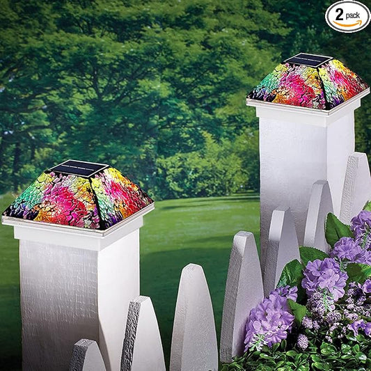 SUNNYPARK 2PK Mosaic Solar Post Cap Lights Outdoor for 4x4, 3.5x3.5 Post Crackled Glass Deck Fence Lamp Weatherproof LED Light Decor in Garden, Yard, Outdoor Table, Balcony, Landscape- Multi-Colored