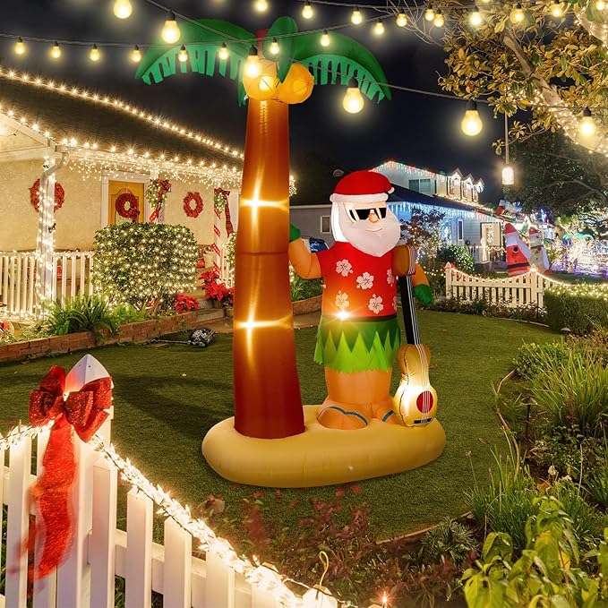 Liliful 8 Ft Tall Christmas Santa Inflatable Outdoor Decorations Hula Santa Claus on Beach Palm Tree Outdoor Xmas Blow Up Yard Decoration with LED Lights for Christmas Party Outdoor Garden Lawn Patio