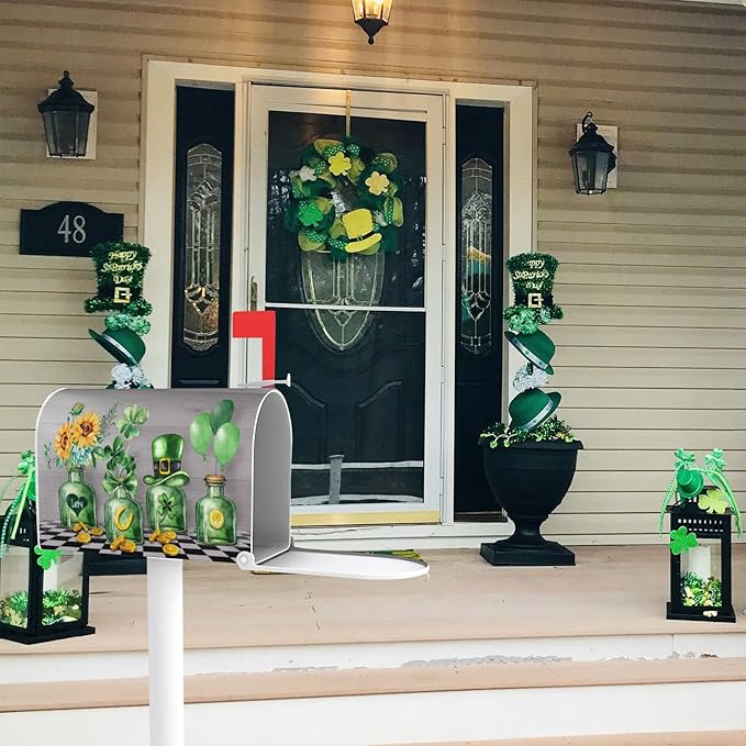 Irish St. Patrick's Day Shamrock Mailbox Cover, Green Clover Bottle Magnetic Mailbox Cover, 21x18 in Sunflower Hat Balloon Mailbox Wrap Decorative for Garden Yard Home