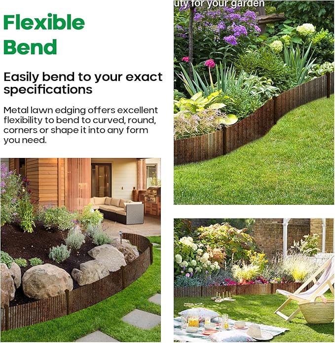 Corrugated Metal Garden Edging,Sturdy Tall Landscape Edging Borders with 6pcs Anchor Stakes, Perfect DIY for Flower Beds, Lawn and Pathway,Tree Surrounds,Paver Edges (Pre-Rusted 10"×20FT)