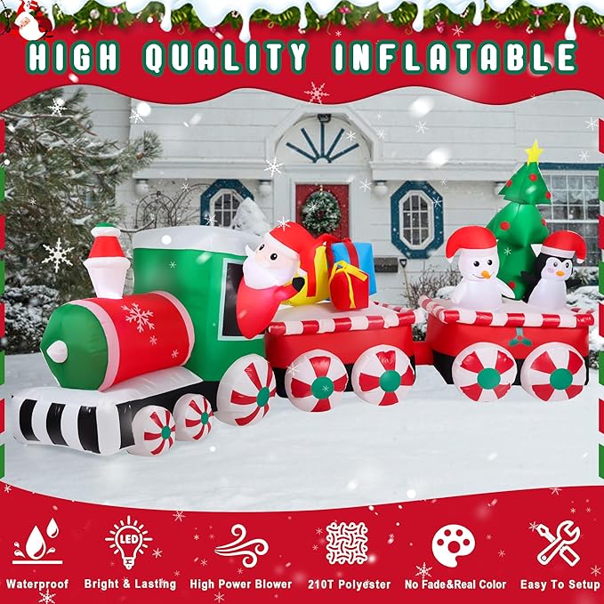 12FT Long Christmas Inflatables Decorations, Outdoor Santa Train Decoration, Giant Blow Up with with Built-in LED Lights for Yard Garden Lawn Holiday Decor