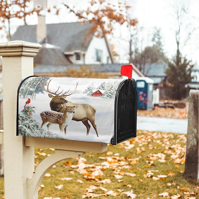 Winter Deer Mailbox Cover Magnetic- Christmas Reindeer Moose Elk Mailbox Wrap- Large Size 25.5x21 Inch Waterproof Letter Post Cover for Garden Yard Outdoor Farmhouse Decor