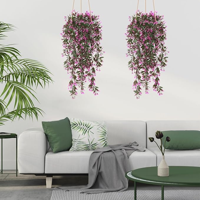 TOCHGREEN 4Pcs Artificial Hanging Plants Fern Vine, Faux Plastic Plants Fake Ivy Vine Greenery Garland with RoseRed Flower, Outdoor Indoor Decorations for Living Room Garden Wall Home Decor (Rose Red)
