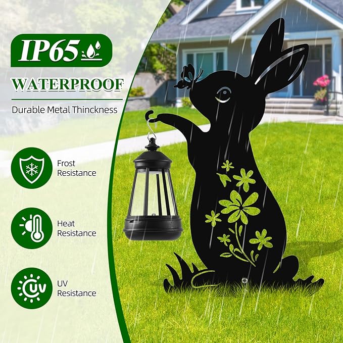 Bunny Solar Garden Stakes, Rabbit Silhouette Decorative with Solar Lantern, Metal Garden Decor for Yard,Lawn,Pathway