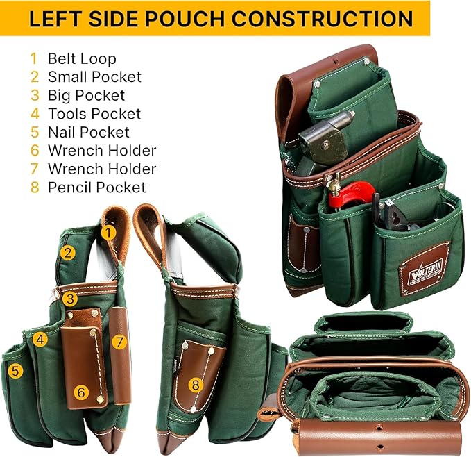 Leather & Nylon Tool Belt for Men – Heavy Duty 22-Pocket Framer’s Tool Bag for Carpenters & Electricians (Green, One Size)