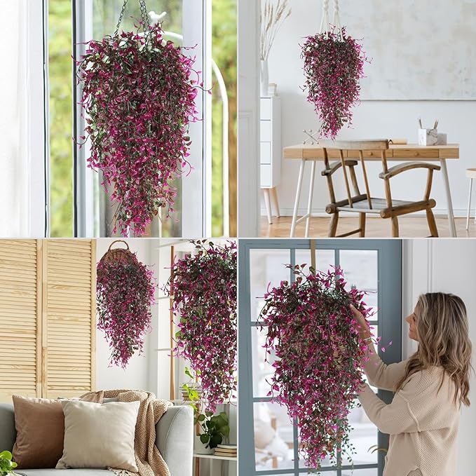 RECUTMS Artificial Hanging Plants 4pcs 33Inch Faux Eucalyptus Leaves Ivy Swag Plant UV Resistant Fake Plastic Greenery Indoor Outdoor Home Garden Office Christmas Xmas Party Spring Decor(Purple Red)