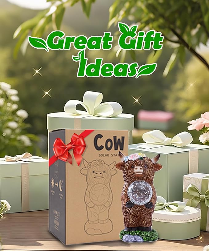 Solar Highland Cow Outdoor Decor:Garden Statue Sculpture Lamp with Ball for Yard Lawn Balcony Patio Porch- Birthday Gifts for Mom Women Grandma(Brown)