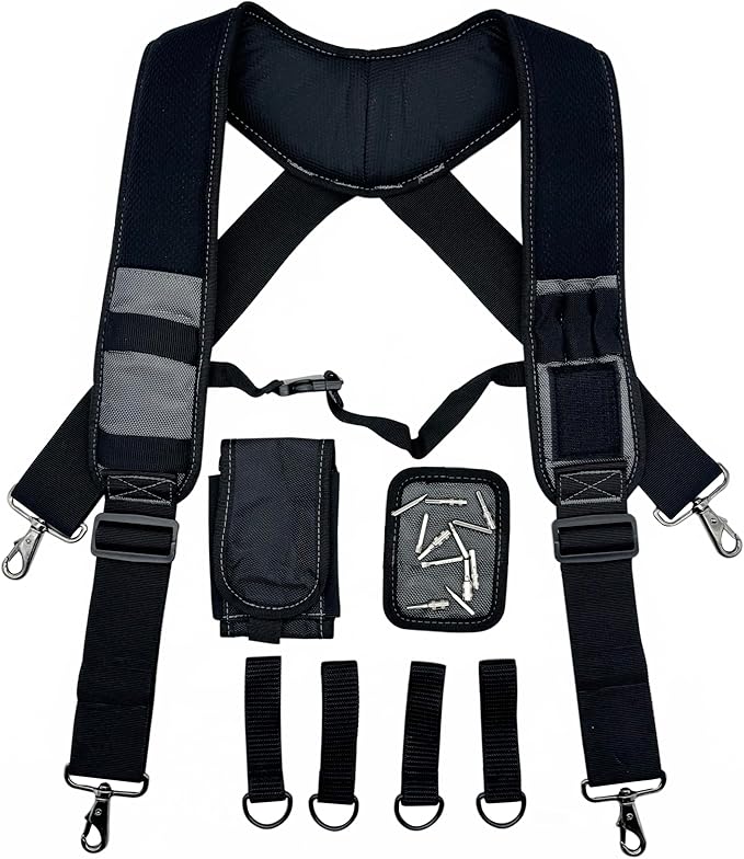 Tool Belt Suspenders for Work Belt Heavy Duty Padded with Magnetic WristBand Attachment Loops for Men