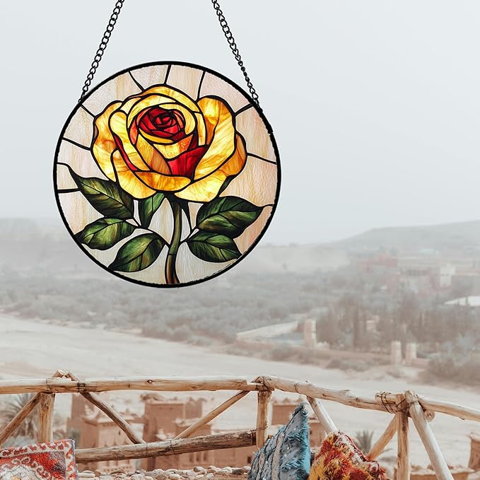 Stained Glass Window Hanging - Elegant Yellow Rose Flower Sun Catcher for Door Garden Home Decor Suncatcher Christmas Mother's Day Birthday Gifts for Women Mom Girl Nana Friend 15 in