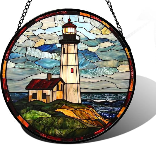 Stained Glass Window Hanging, Ocean Lighthouse Sun Catchers Glass Panel Blue Green Suncatcher Decor for Birthday for Women, Men, Wife, Aunt, and Mom 7.8 in