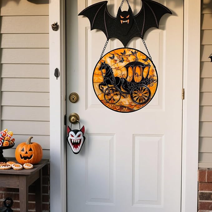 Stained Glass Window Hanging - Halloween Pumpkin Carriage Suncatcher for Doors Window Garden Indoor Spooky Funny Orange Sun Catchers Gothic Decor Horror Gifts for Women Men Friend 9.8 in