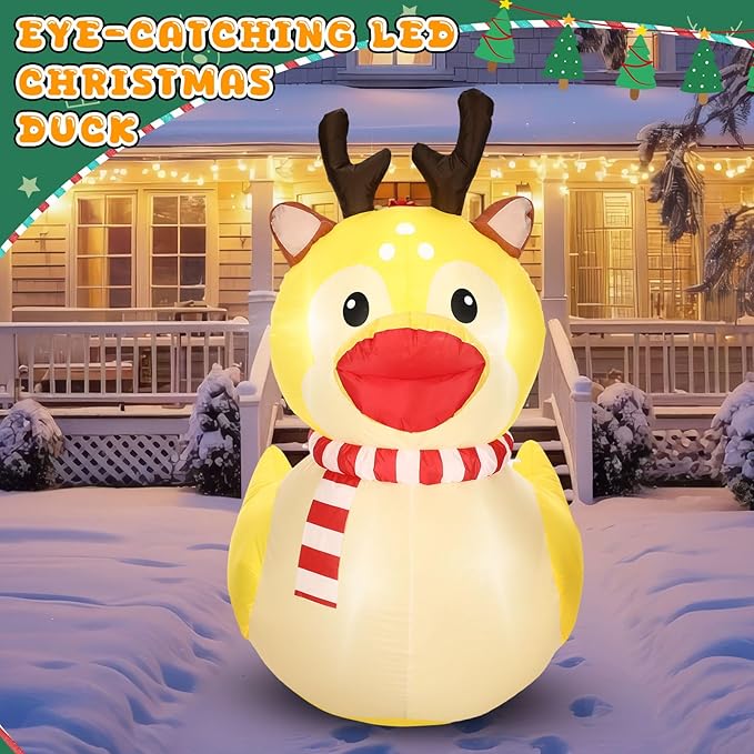Leyndo 5ft Christmas Inflatables Decoration Outdoor Inflatables Duck with Build-in LEDs Lights Giant Blow up Duck Wear Christmas Reindeer Costume for Mall Garden Patio Lawn Indoor Party