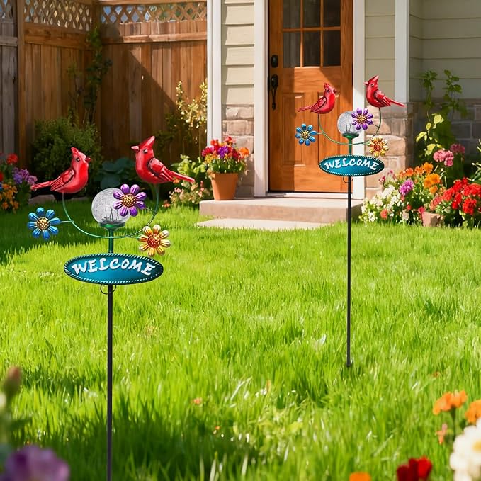 Solar Garden Stakes Metal Welcome Signs for Outside 29.5', 2 Flying Cardinals with Cracked Glass Ball,Decorative Garden Stakes for Lawn, Patio, Cardinal Gifts for Women