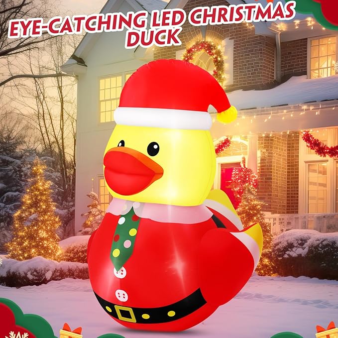 Leyndo 1 Set 5FT Christmas Inflatables Decoration Outdoor Inflatables Duck with Build-in LEDs Lights Giant Blow Up Duck Wear Christmas Hat Santa Claus Costume for Mall Garden Patio Lawn Indoor Party
