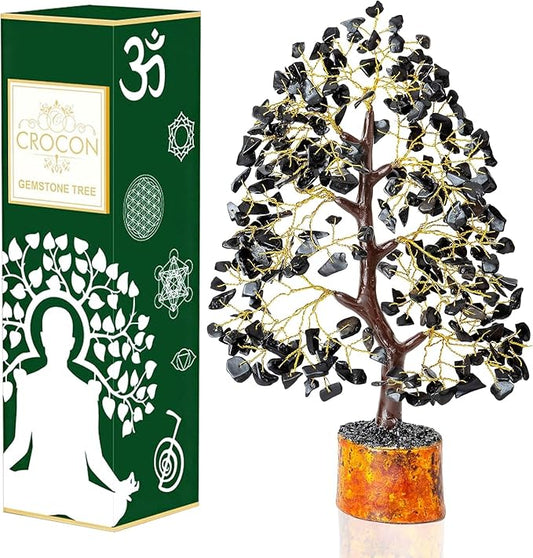 Black Tourmaline Gemstone Tree of Life - Crystal Tree for Positive Energy, Handmade Chakra Tree, Feng Shui Decor - Good Luck Gem Bonsai, Money Tree, Wealth & Prosperity, Spiritual Mystical Gift