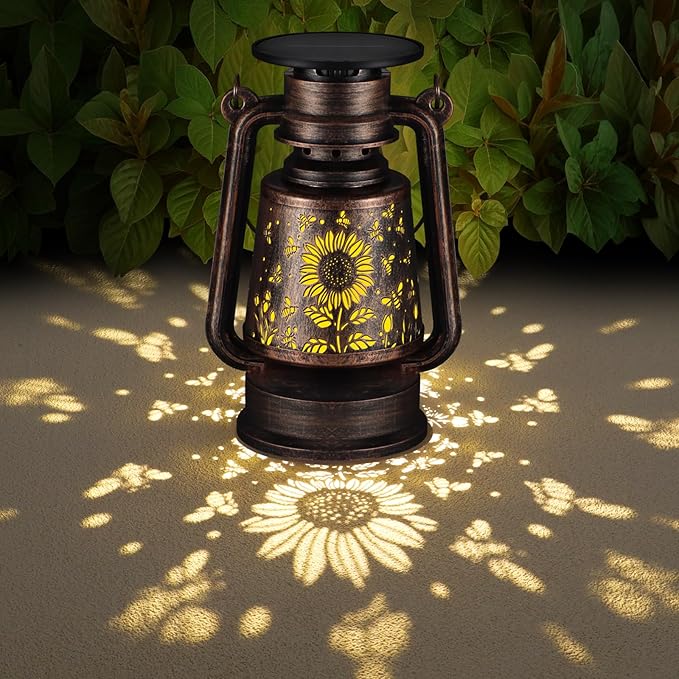 Solar Lantern Outdoor Hanging Vintage LED Waterproof Camping Light with Beautiful Graphics Landscape Decor for Yard,Patio,Porch,Lawn,Tabletop(Sunflower + Bee)