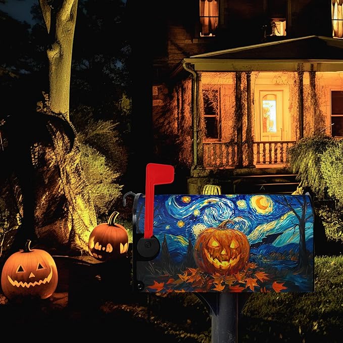 Halloween Pumpkin Magnetic Mailbox Covers Standard Size 18 x 21 Van Gogh's Starry Night Mailbox Wraps Cover Oil Painting Decorations Post Box Cover for Garden Yard Outdoor Decor
