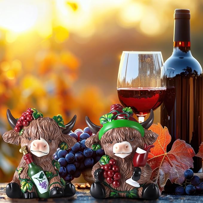 Karenhi 2 Pcs Red Wine Highland Cow Figurines Highland Cow Gnomes Scottish Resin Statue Calf Lovers Gifts for Home Garden Kitchen Office Tiered Tray Table Decor