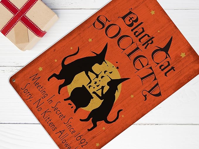 Halloween Decor Black Cat Society Witch Halloween Gothic Decormetal Sign Vintage Tin Sign Party Decoration 8X12 Inch