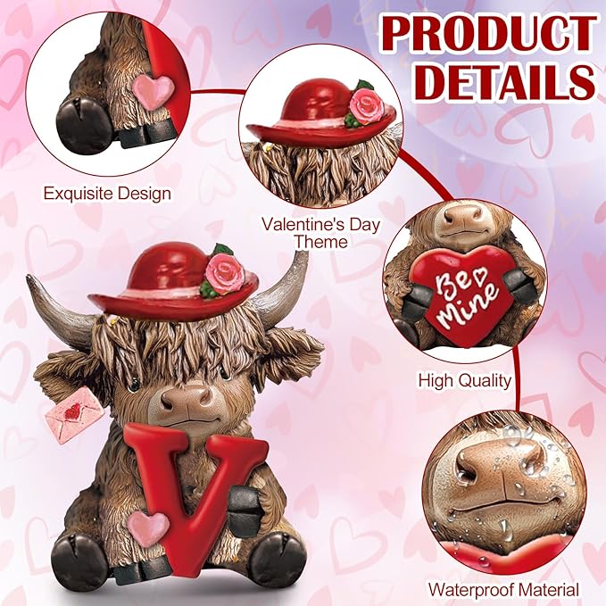 Sosation 4 Pcs Love Highland Cow Figurines Valentines Day Highland Cow Gnomes Heart Scottish Resin Statue Calf Lovers Gifts for Home Garden Kitchen Office Tiered Tray Table Decor