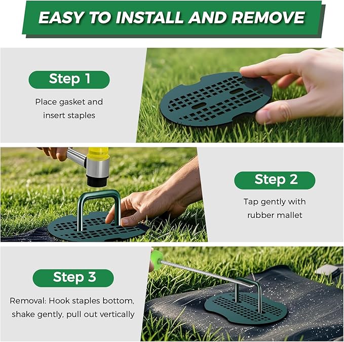 50pcs 6 Inch Green Artificial Turf Stakes Staples+50pcs Washers+Pick Hook+Rubber Mallet, 11 Gauge Landscape Staples, Galvanized Lawn Spikes Yard Ground Pin for Artificial Grass Weed Barrier Sod Fabric