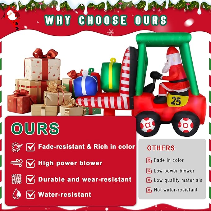 8FT Long Christmas Inflatables Decorations, Outdoor Santa Forklift Truck Decoration, Giant Blow Up with with Built-in LED Lights for Yard Garden Lawn Holiday Decor