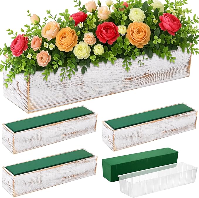 Dandat 4 Set Wood Boxes for Centerpieces 16x4 Inch Rectangle Wooden Planter Box Rustic Wooden Planters with Removable Plastic Liner Floral Foam Blocks for Christmas Wedding Home Garden Decor