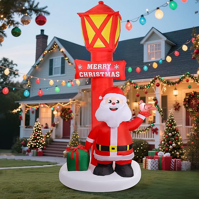 8FT Christmas Inflatable Yard Decoration, Giant Blow Up Lighthouse with Santa and Redbird with Built-in LED Lights for Front Door Lawn Garden Holiday Display Indoor Outdoor Decor