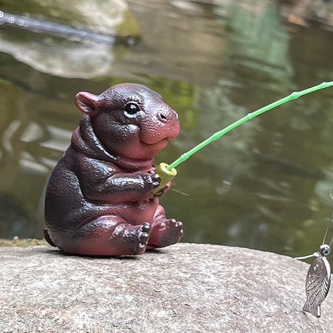 Hippopotamus Statue Garden Decor for Outside 2.4in,Interesting Hippopotamus Fishing Statue,Suitable for Easter, Indoor and Outdoor Decoration