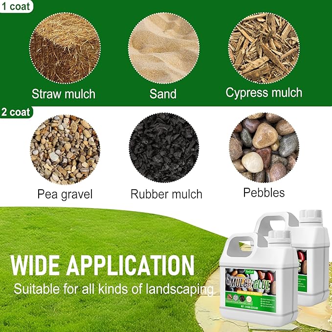 Mulch Glue - 64oz Mulch Adhesive Pea Gravel Binder for Landscaping, Garden - Concentrate Landscape Rock Glue Mulch Stabilizer, Last up to 2 Years, Gravel Glue & Lock for Bonding Bark, Sand