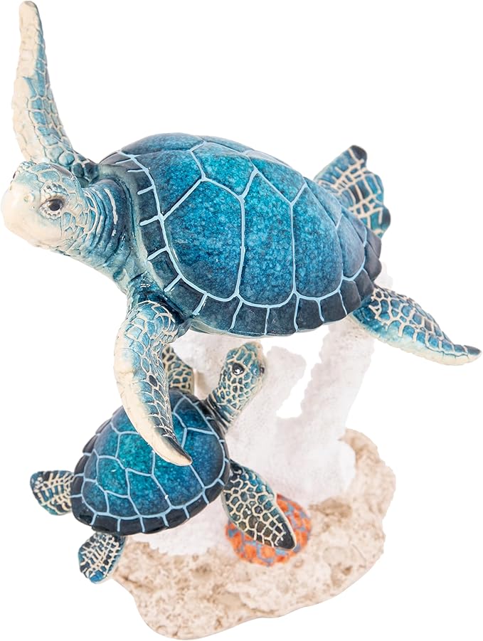 Sea Turtle Decor Figurine Blue Turtles Swimming on Coral Reef Base Beach House Coastal Decor