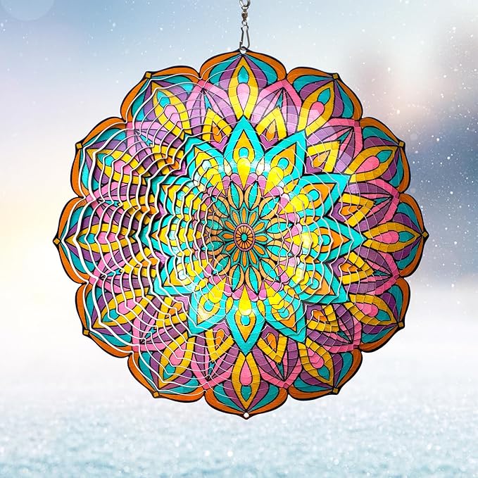 Mandala Wind Spinner - Purple Tulip Design | 12 Inch Stainless Steel Hanging Wind Sculpture & Catcher, 3D Kinetic Yard Art Garden Decor for Indoor & Outdoor | Meaningful Gift Idea