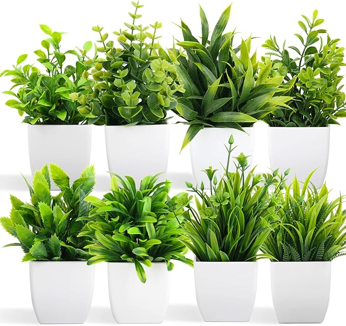 LELEE Artificial Plants Mini Fake Potted Plants, 8 pcs Small Eucalyptus Potted Faux Decorative Grass Plant with White Pot for Home Decor, Indoor, Office, Desk, Shelf, Table Decoration