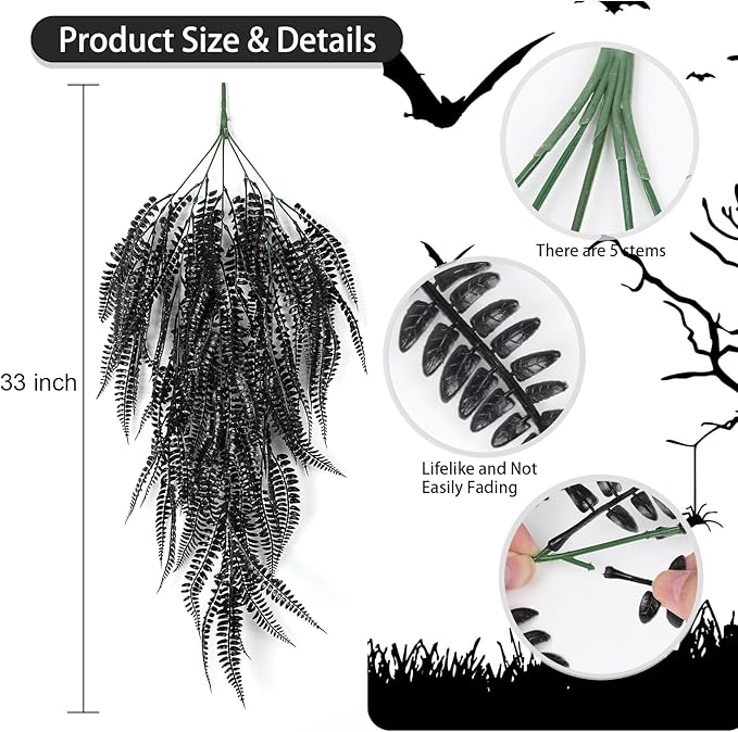RECUTMS Faux Hanging Plants 4 Pcs UV Resistant Lifelike Artificial Boston Fern Large Draping Fake Greenery Plastic Evergreen Ivy for Wall Home Wedding Garden Indoor Outdoor Decoration (Black)
