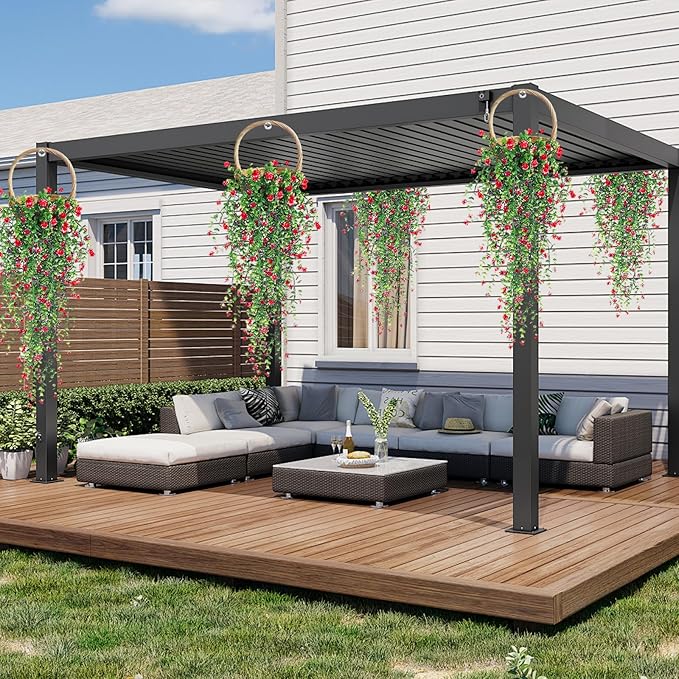 Artificial Hanging Flowers, 3 Pcs Fake Hanging Plants Artificial Vines for Outdoors, Fake Ivy Vine UV Resistant No Fade Faux Plants for Indoor Outside Garden Patio Yard Greenery Decoration (Dark Red)