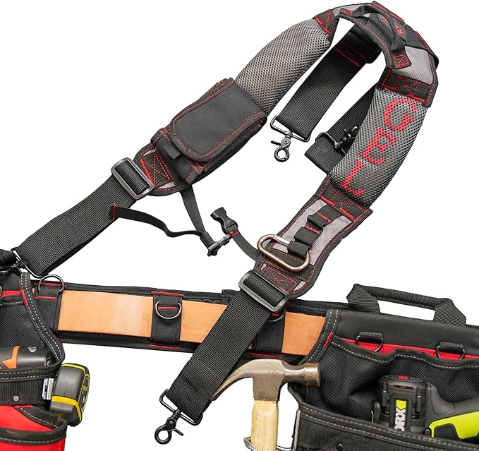 MELOTOUGH Gel Padded Tool Belt Suspenders Work Belt Suspender Tool Belt Suspenders with Gel shoulder for Electrician,Contruction,Carpenter (Trigger Snap Hook with Red Color)