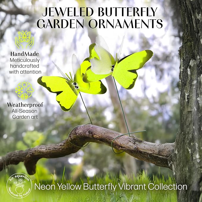 Handmade Yellow Butterfly Garden Stakes Set of 7 - Decorative Outdoor & Indoor Plant Decor - Nature Lover Gift Idea by Air Aquarium Kushner
