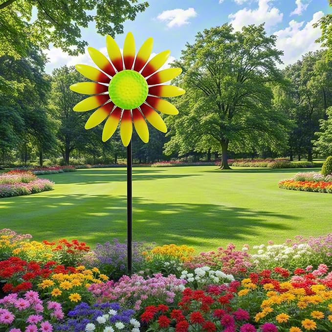 Decorative Metal Garden Daisy-Style Rotator, Decorative Garden Post, Daisy-Style Sculpture Courtyard. Outdoor Courtyard Art. (Yellow)