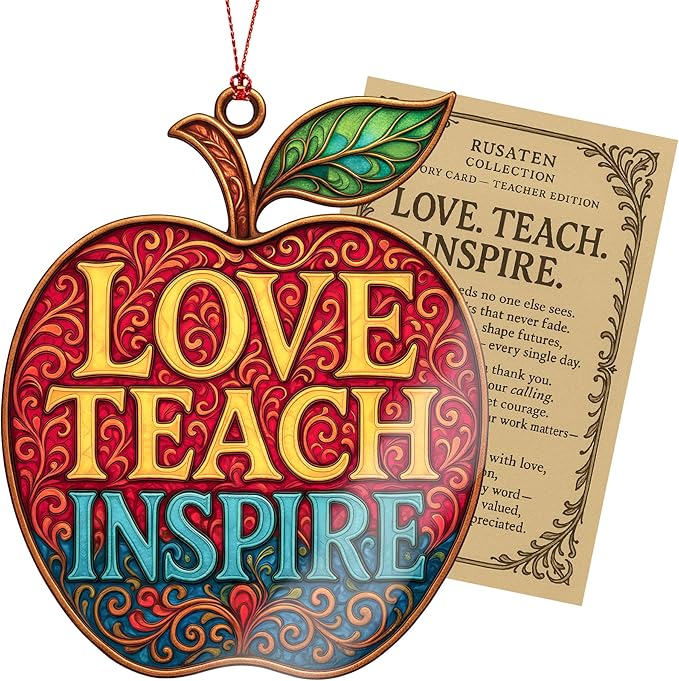 Teacher Appreciation Ornament – Love Teach Inspire Apple – Style Teacher Gift for Christmas, End of Year, or Thank You