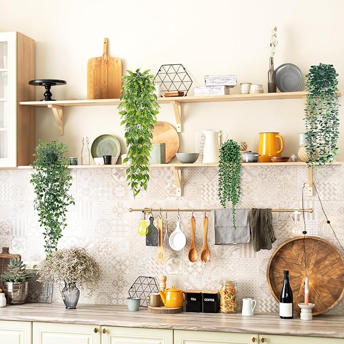 Artificial Hanging Plants for Shelf, 4-Pack Fake Potted Greenery Faux Plant in Pot for Vintage Farmhouse Bathroom Office Desk Wall Bookshelf Room Accessories Décor