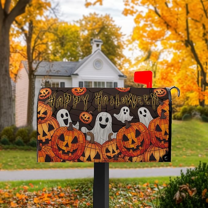 Happy Halloween Mailbox Cover Ghost Mail Box Covers Magnetic Standard Size 21x18 inch Pumpkin Post Letter Box Cover Wrap Outdoor Decor for Garden