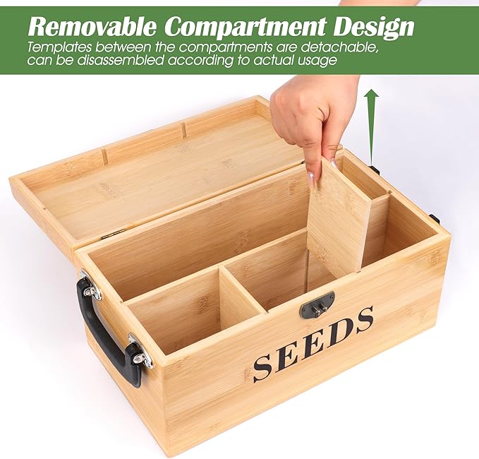 Luxiv Bamboo Seed Saving Box, Wood Seed Storage Organizer Box Large Seed Container with Lid Wood Garden Seed Bin with Lock, 3 Handle, 30P Envelope Seed Bags, 30P Plant Tags, 1 Double Side Pen